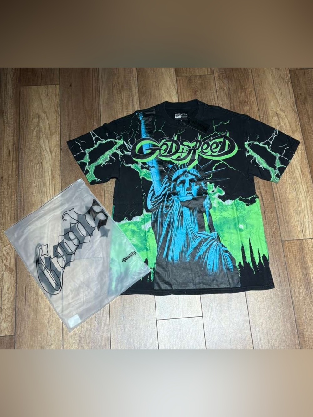 Godspeed New York Statue of Liberty Black and Green Lightning Bolt Graphic Shirt